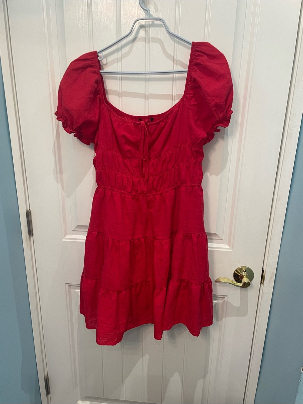 SHEIN Red Puff Sleeve Tiered Midi Dress